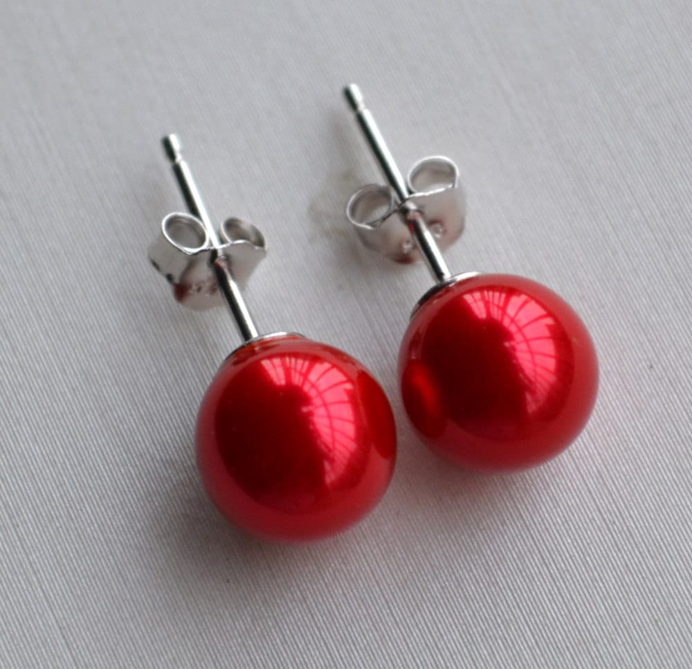 Red Pearl Earrings 6mm 8mm 10mm 12mm Red Pearl Earrings Pearl
