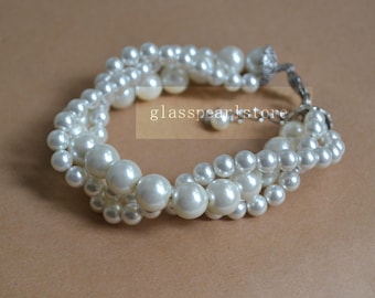 Ivory Glass Pearl Bracelet, Triple Strand Wedding Jewelry