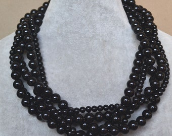 black beads necklace, black necklace, five strands black beaded necklace, wedding party jewelry, bridesmaids necklace