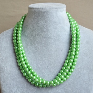 bright green pearl necklace,triple strands glass pearl necklace, green bead necklace, cheap pearl necklace, green beaded necklace