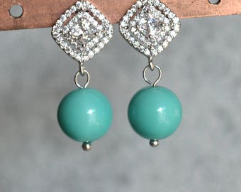 bridal earrings, glass pearl and zircons Earrings, turquoise color earrings,Wedding earrings,Maid of honor earring,bridesmaid earrings