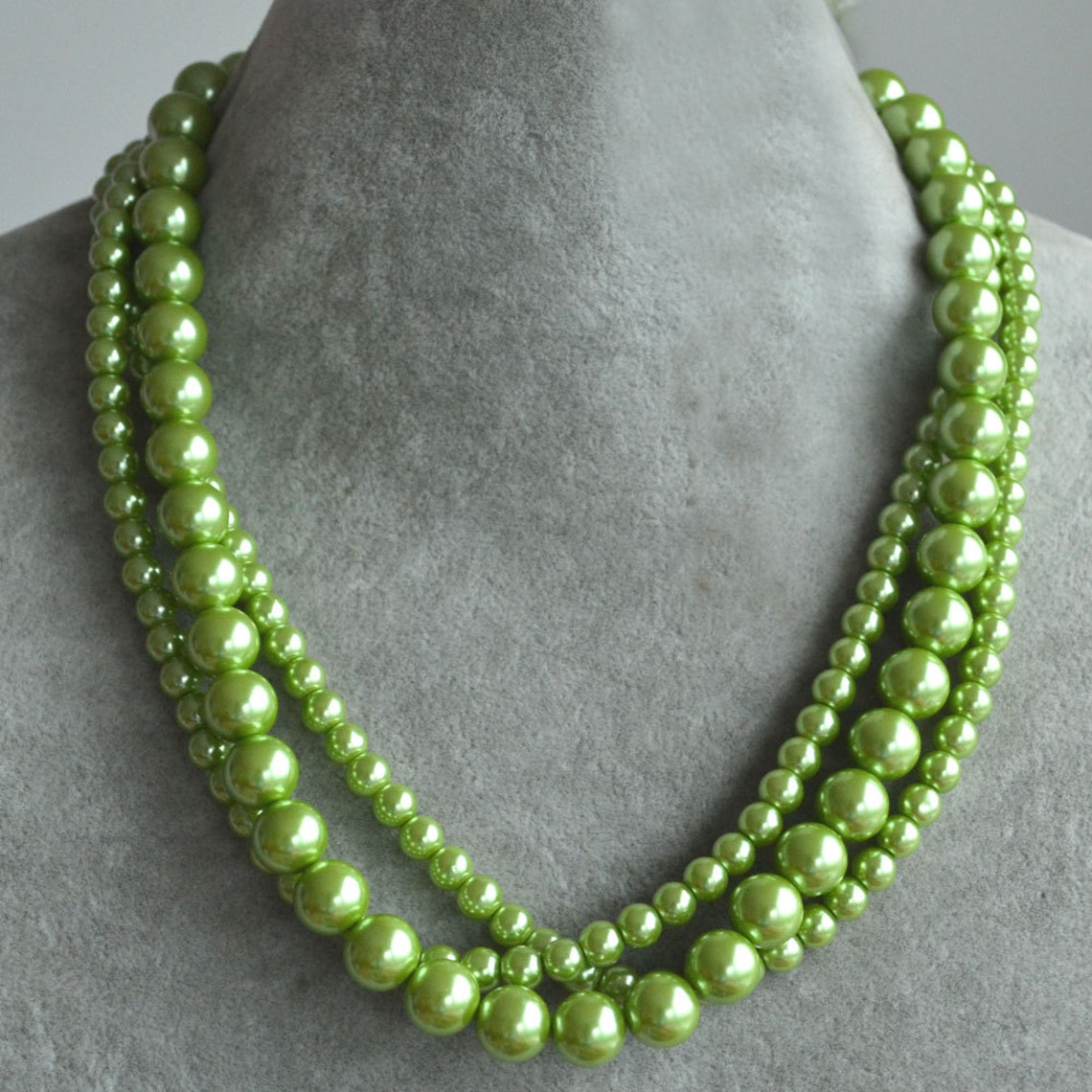 Lime green pearl necklacetriple strands glass pearl Etsy