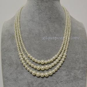 three strand gradually pearl necklace, 17-19 inches triple strand glass pearl necklaces, wedding jewelry, bridesmaid necklace, women
