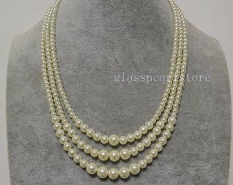 three strand gradually pearl necklace, 17-19 inches triple strand glass pearl necklaces, wedding jewelry, bridesmaid necklace, women