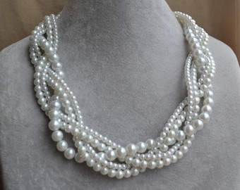 Glass Pearl Multi Strand Wedding Necklace, Bridal Jewelry