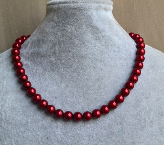 dark red pearl necklace,18 inch single strand 10mm dark red glass pearl  necklace,bridesmaids necklace,wedding necklace,pearl jewelry