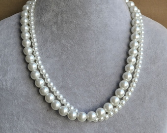 Two Strand White Glass Pearl Necklace, Wedding Jewelry