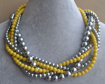 yellow and grey pearl Necklace,Glass Pearl Necklace,five strangs Pearl Necklace,Wedding Necklace,bridesmaid necklace,Jewelry