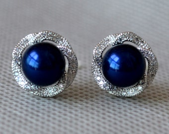 Navy Blue Pearl Earrings, Zircon White Gold Plated Brass Posts