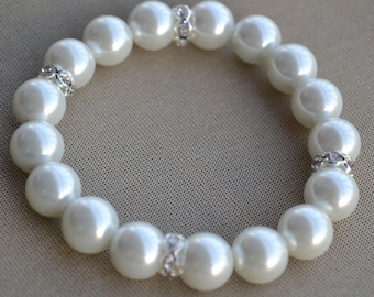 Glass Pearl Bracelet, Stretchy Pearl Bracelet, White Pearl and Rhinestone Bracelet, Bridal Jewelry, Victoria Bracelet, Wedding Bracelet