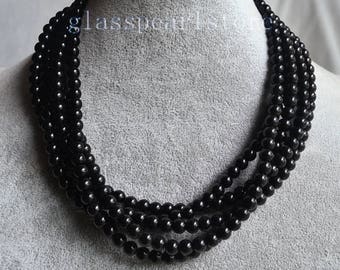 black beaded Necklace, Five strand 6mm glass pearl necklace, statement Necklace, bridesmaid necklace, black necklace, black color necklace