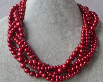 burgundy red pearl necklace, chunky pearl necklace, Five strands pearl bead necklace, twisted pearl necklaces, bridesmaid jewelry