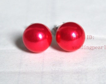 red pearl earrings, 6mm, 8mm,10mm, 12mm red pearl earrings, pearl stud earrings,bridesmaid earrings, statement earring,Glass Pearl earrings