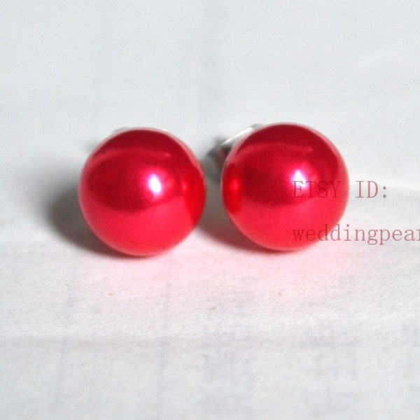 red pearl earrings, 6mm, 8mm,10mm, 12mm red pearl earrings, pearl stud earrings,bridesmaid earrings, statement earring,Glass Pearl earrings