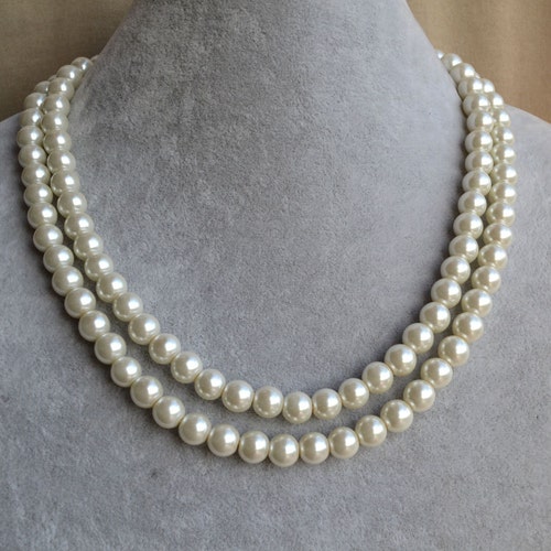 Double Strand Glass Pearl Necklace Two Row Pearl Necklace Etsy