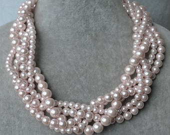pale pink pearl Necklace,5 rows pale pink Necklace,bridesmaid necklace,statement necklace,Glass Pearl Necklace,pale pink choker necklace