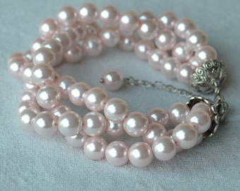 Pale Pink Pearl Bracelet, Triple Strand Glass Bead, Wedding Jewelry