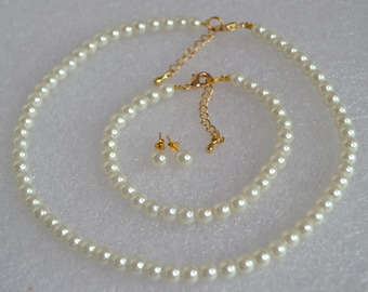Glass Pearl Jewelry Set, Gold Color Clasp, Wedding Bridesmaid Set