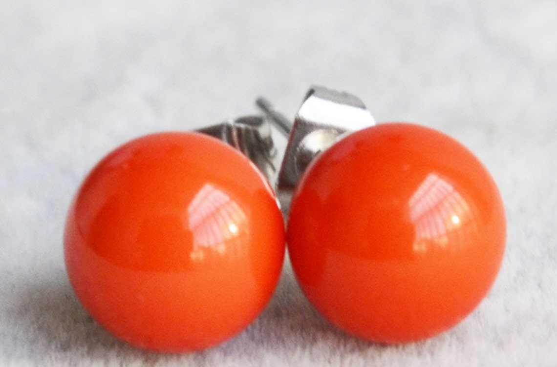 Orange pearl earrings8mm Glass Pearl earringsorange Etsy