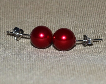 burgundy red pearls stud earrings,6mm, 8mm, 10mm, Glass Pearl earrings,burgundy red bead earrings,statement earrings,bridesmaid earrings