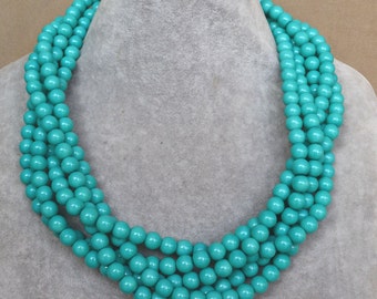 collier de perles turquoise, collier de perles de verre turquoise, collier de perles à 5 rangées, collier de mariage, collier de demoiselle d’honneur, bijoux