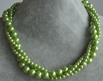 lime green pearl necklace,triple strands glass pearl necklace,lime green beaded necklace,lime green color necklace, statement necklace