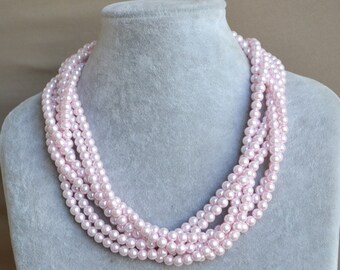 pale pink pearl Necklace,Six Strands Pale Pink Pearl Necklace,pale pink color necklace,pale pink necklace, pale pink bead necklace