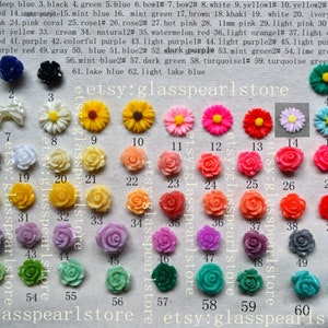 May include: An assortment of 62 colourful resin cabochons in various shapes, including flowers, bows, and roses. The cabochons are arranged in rows and numbered 1 through 62. The text "etsy:glasspearlstore" appears at the bottom of the image.