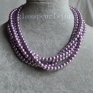 lilac pearl Necklace, Five strand 6mm glass pearl necklace, statement Necklace, bridesmaid necklace, women necklace, lilac bead necklace
