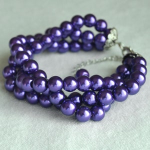 purple pearl Bracelet, Glass Pearl Bracelet,Triple purple Pearl Bracelet,Wedding Bracelet,Bridesmaid Bracelet,Jewelry,Maid of honor jewelry