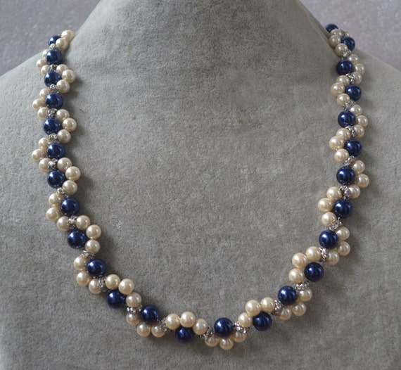 Navy blue and champagne pearl necklacenavy pearl and | Etsy