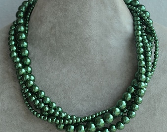 dark green necklace,four strands dark green bead glass pearl necklace,wedding necklace,dark green pearl necklaces,statement necklace