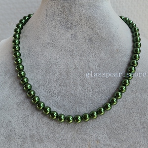 Single Strand 8mm olive green Pearl Necklace,glass pearl Necklace,Statement Necklace,Bridesmaid Necklace image 1