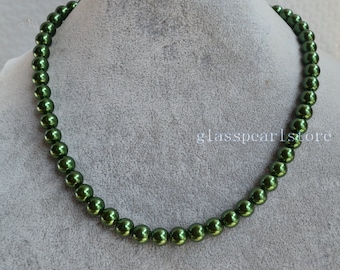 Single Strand 8mm olive green Pearl Necklace,glass pearl Necklace,Statement Necklace,Bridesmaid Necklace