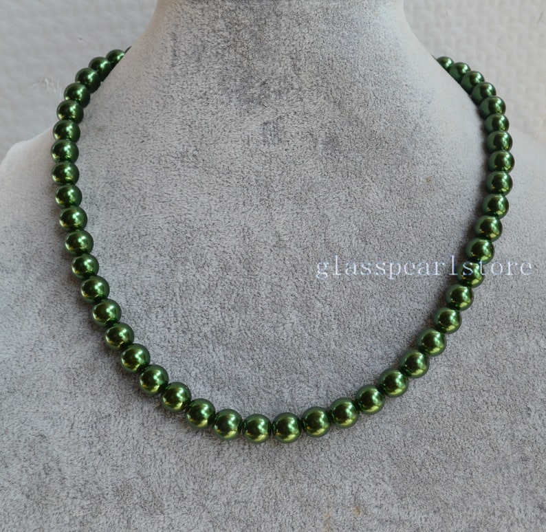 Single Strand 8mm olive green Pearl Necklace,glass pearl Necklace,Statement Necklace,Bridesmaid Necklace image 1