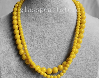 yellow pearl necklace,double strand 6mm and 10mm yellow bead necklace,bridesmaid necklace,statement necklace,yellow glass pearl necklace