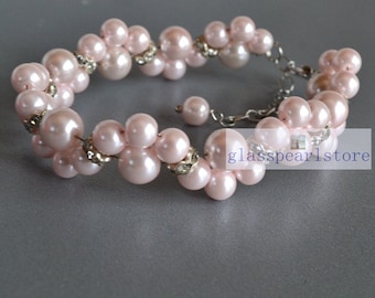 pale Pink pearl Bracelet,Glass Pearl Bracelet,Pearl Flower Bracelet,Wedding Bracelet,Crystal bracelet,Bridesmaid Bracelet, wedding Jewelry