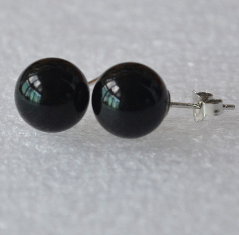 big black pearl earrings 10mm black bead earring,round pearl black stud earrings,bridesmaid earrings,Black Glass Pearl earrings