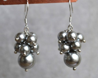 Gray Pearl Cluster Earrings, Sterling Silver Hooks, Bridal Earrings