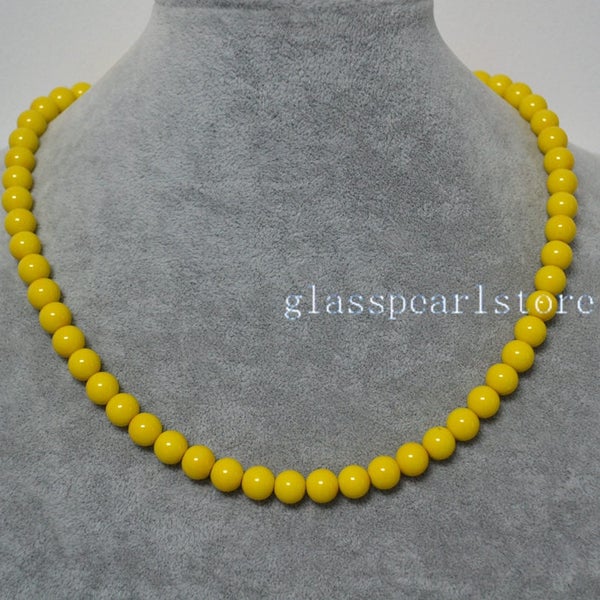 collana di perle gialle, collana di perle in vetro da 8 mm, collana di nozze, collana damigella d'onore, collana di perline gialle, collana di perle gialle a filo singolo