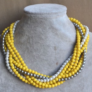 pearl Necklace,Glass Pearl Necklace, 6 rows Pearl Necklace,yellow gray white pearl necklace,Wedding Necklace,bridesmaid necklace,Jewelry