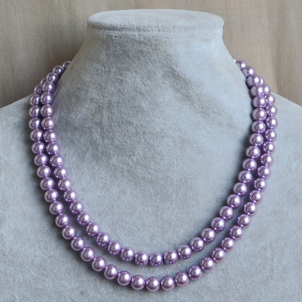 lavender pearl Necklace,lilac Glass Pearl Necklace,two strand lilac bead Necklace,statement Necklace,bridesmaid necklace,lilac necklace