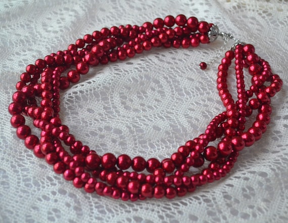 Burgundy Red Pearl Necklace, Chunky Pearl Necklace, Five Strands