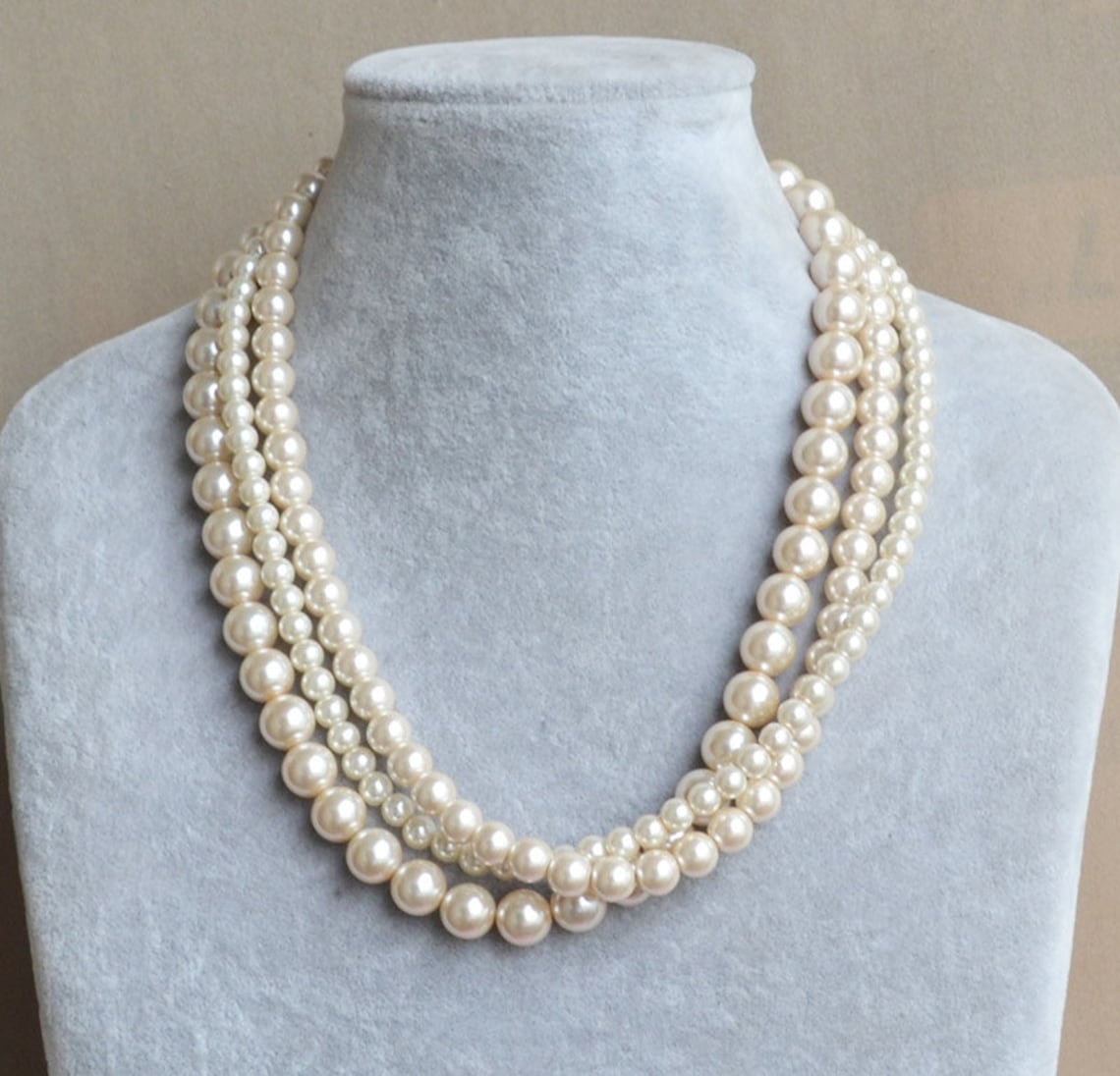 Champagne pearl necklace3 rows glass pearl necklacewedding Etsy