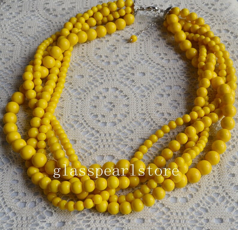 Yellow Necklace Five Strands Yellow Pearl Necklace Statement Etsy