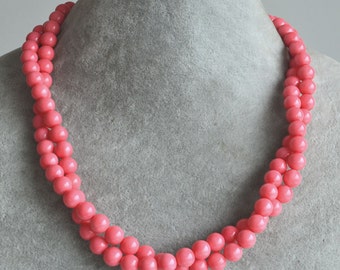 pink coral necklace,2 row 8mm coral bead necklace,statement necklace, pink coral pearl necklace, coral necklace,wedding bridemaid necklaces