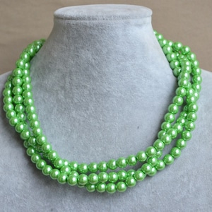 green pearl necklace,3 strands glass pearl necklace,green bead necklace,pearl necklaces,green necklace,wedding necklace,bridesmaid
