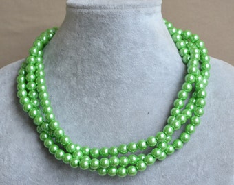 green pearl necklace,3 strands glass pearl necklace,green bead necklace,pearl necklaces,green necklace,wedding necklace,bridesmaid