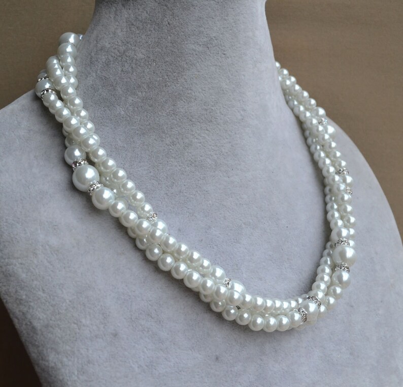 Pearl Necklace Triple Strands Pearl Necklace Rhinestone Etsy
