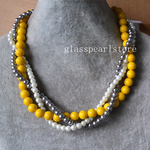 Yellow gray white necklace, 3 strands pearl necklace, statement necklace, twist necklace, wedding bridesmaid necklace, mixed color necklaces